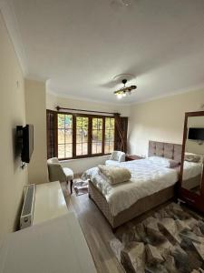 um quarto com uma cama grande e uma televisão em MEŞEİÇİ BUTiK HOTEL em Macka