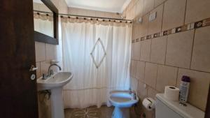 ein Badezimmer mit einem Waschbecken, einem WC und einem Duschvorhang in der Unterkunft Peggy´s House in Puerto San Julian