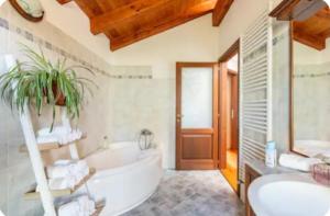 a bathroom with a tub and a toilet and a sink at La maison rose in Brissogne +19 photos