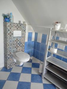 a bathroom with a toilet and blue and white tiles at Apasjonata in Świdnica