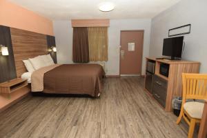um quarto de hotel com uma cama e uma televisão de ecrã plano em University Manor Inn em Buffalo