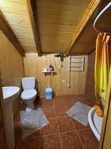 łazienka z toaletą, umywalką i wanną w obiekcie САДИБА та ЧАН "NA PAGORBI" w Jaremczach