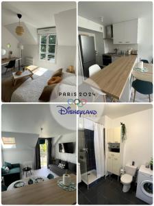 uma colagem de fotos de uma cozinha e uma sala de estar em COSY TORCY entre Paris et Disney em Torcy