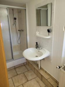a white bathroom with a sink and a shower at Lous Ferienhaus 2 in Thale