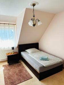 a bedroom with a bed and a chandelier at Doppelhaushälfte nahe Flughafen Hamburg in Norderstedt