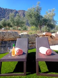 una mesa de picnic con una botella y una copa de vino en Casa rural Rocío - Caminito del Rey, en Valle de Abdalajís