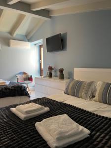 1 dormitorio con 2 camas y TV de pantalla plana en la pared en Casa Aturuxo, en Belesar