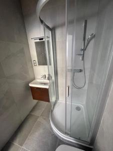La salle de bains est pourvue d'une douche et d'un lavabo. dans l'établissement Apartment Elinel, à Žilina