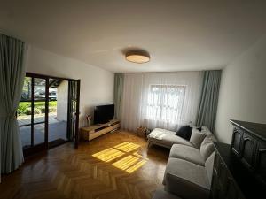 a living room with a couch and a television at Landhaus Pannonia in Trausdorf an der Wulka