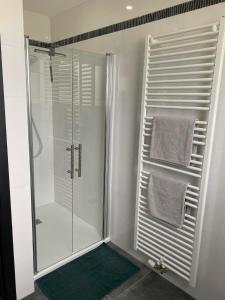 uma casa de banho com um chuveiro e uma cabina de duche em vidro. em Bed&Breakfast Durbuy em Durbuy