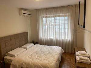 ein Schlafzimmer mit einem großen Bett und einem Fenster in der Unterkunft Cozy Apartment, in the center of Tirana in Tirana
