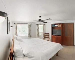 Schlafzimmer mit einem großen weißen Bett und einem Flachbild-TV in der Unterkunft Poolside Oasis near Manuel Antonio! AC/WiFi/Tennis in Quepos