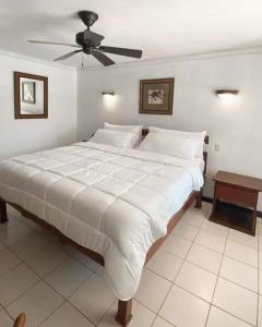 Schlafzimmer mit einem großen weißen Bett und einem Deckenventilator in der Unterkunft Poolside Oasis near Manuel Antonio! AC/WiFi/Tennis in Quepos