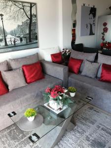 a living room with a gray couch with red pillows at Amazing Sea Place in Limassol