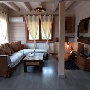 ein Wohnzimmer mit einem Sofa und einem Couchtisch in der Unterkunft WOODEN HOUSE in Preveza