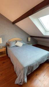 a bedroom with a large bed with a skylight at Chambre 24h Le Mans in Guécélard