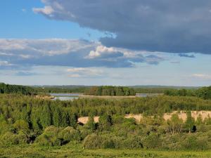 een luchtzicht op een bos en een rivier bij Wyskok 1 - dom z widokiem in Srokowo