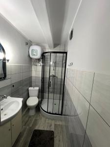 a bathroom with a shower and a toilet and a sink at U Beaty in Ruciane-Nida +19 photos