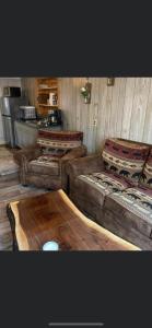 a living room with two couches and a table at Country Roads cabin in Jamestown