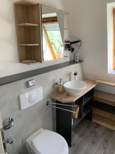 a bathroom with a white toilet and a sink at -Fewo Benz- Exklusive Ferienwohnung im Stadtzentrum von Wittenberge Modernes Ambiente, 3 Einzelzimmer für bis zu 6 Gäste - voll ausgestattet mit Waipu-TV und High-Speed-WLAN Bettwäsche und Handtücher inklusive! in Wittenberge