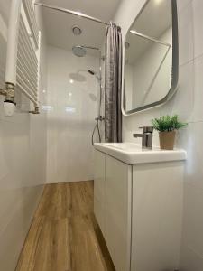 La salle de bains blanche est pourvue d'un lavabo et d'un miroir. dans l'établissement die Perle, à Zandvoort