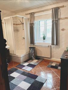 La salle de bains est pourvue d'une douche et d'une fenêtre. dans l'établissement Uriges Bauernhaus mit Blick auf Graz, à Graz