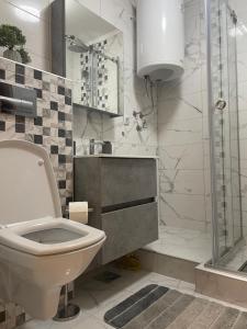 a bathroom with a toilet and a glass shower at Studio Petra in Subotica