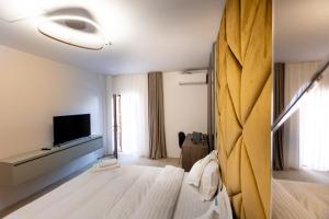 um quarto com uma cama e uma televisão na parede em Wanderer Sighisoara em Sighisoara