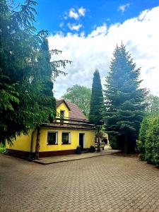 une maison jaune sur une route en briques avec des arbres dans l'établissement Zielony Zakątek, à Piechowice