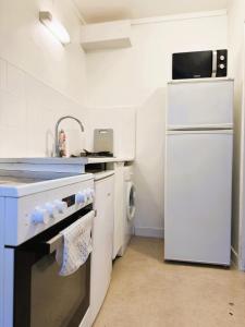 La cuisine est équipée d'un réfrigérateur blanc et d'un lave-vaisselle. dans l'établissement Beau T3 à Clichy-la-garenne, à Clichy