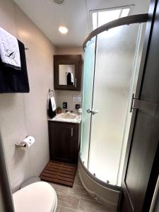 BertramにあるPRIVATE HILL COUNTRY GLAMPING RVのバスルーム(シャワー、トイレ、シンク付)
