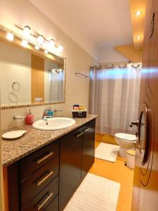 a bathroom with a sink and a toilet and a mirror at Eleni's Holiday Home in Kalamata