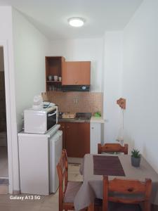 a small kitchen with a table and a table and chairs at Αrgo Studios in Pythagoreio
