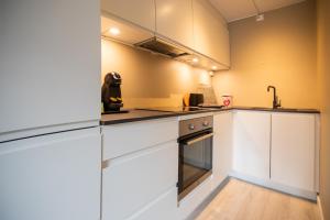 een keuken met witte kasten en een spoelbak bij Ultracentral duplex with private rooftop terrace in Oslo