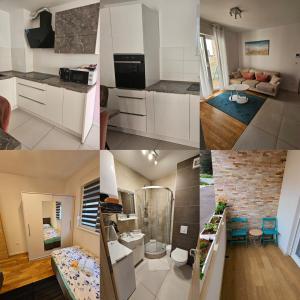 a collage of photos of a kitchen and a living room at Split/Podstrana Apartment ADRIA in Podstrana