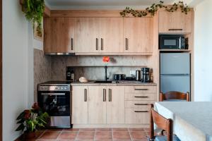 a kitchen with wooden cabinets and a counter top at Poseidon Apartments in Poros