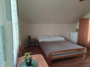 スバジェボにあるKaszub Swarzewo - Bed & Breakfastの小さなベッドルーム(ベッド1台、テーブル付)