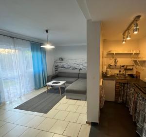 a kitchen and a living room with a couch and a table at Apartament Nostalgia in Gąski