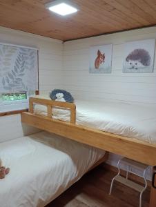 馬漢萊斯的住宿－Comfy Secluded Cabin，白色墙壁的客房内设有两张双层床。