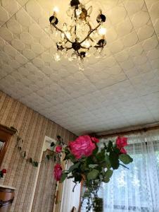 een kroonluchter hangend aan een plafond met rozen in een vaas bij Private double room near Metro 5 in Bobigny