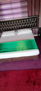 European luxury camp في Disah: سرير في غرفة شراشف خضراء وبيضاء