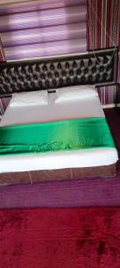 European luxury camp في Disah: سرير في غرفة مع شراشف خضراء