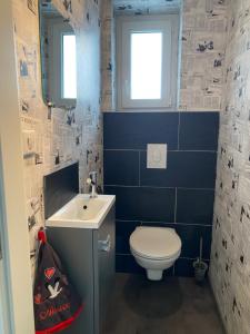 Griesheim-près-Molsheim的住宿－"Chez L" Maison individuelle 8 personnes - Jardin & Piscine Spa，蓝色的浴室设有卫生间和水槽