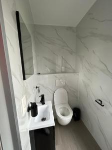 a white bathroom with a toilet and a sink at FourSuites Liège in Liège +10 photos