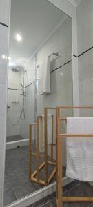 La salle de bains est pourvue d'une douche et d'une cabine de douche en verre. dans l'établissement Chrysiis House 2, à Maltezana