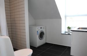 uma pequena casa de banho com uma máquina de lavar roupa em Skagen Apartment em Skagen
