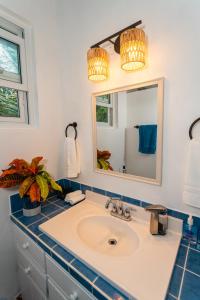 a bathroom with a sink and a mirror at Hodges Bay House in Calibishie