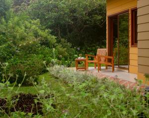 un banco de madera sentado en el porche de una casa en Hotel Ficus - Monteverde, en Monteverde