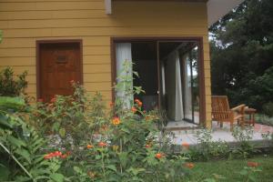 una casa amarilla con un banco en el porche en Hotel Ficus - Monteverde, en Monteverde