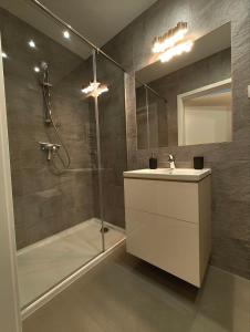 een badkamer met een douche, een wastafel en een douche bij Dwie sosny i świerk in Ustronie Morskie